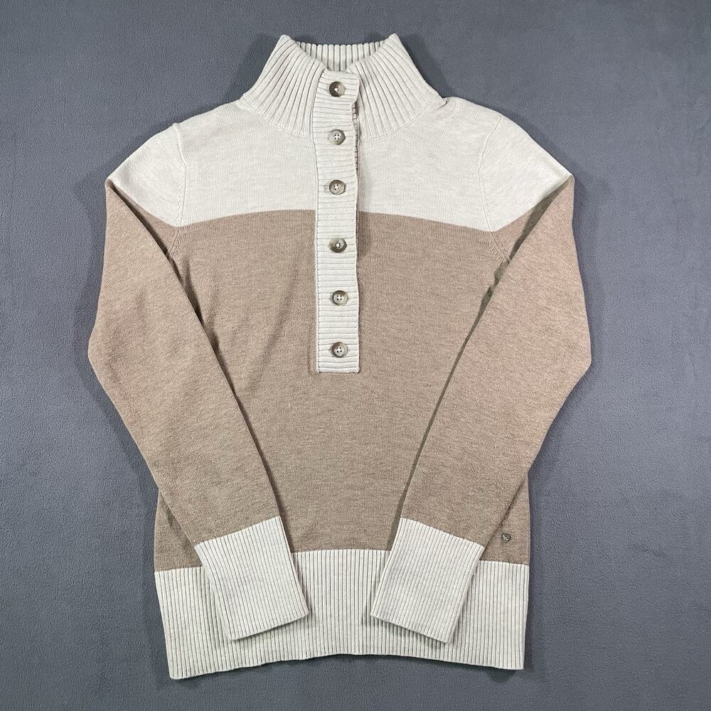 Eddie Bauer Sweater Women’s Small Brown Beige Pullover Buttons 1/4 Mock Neck